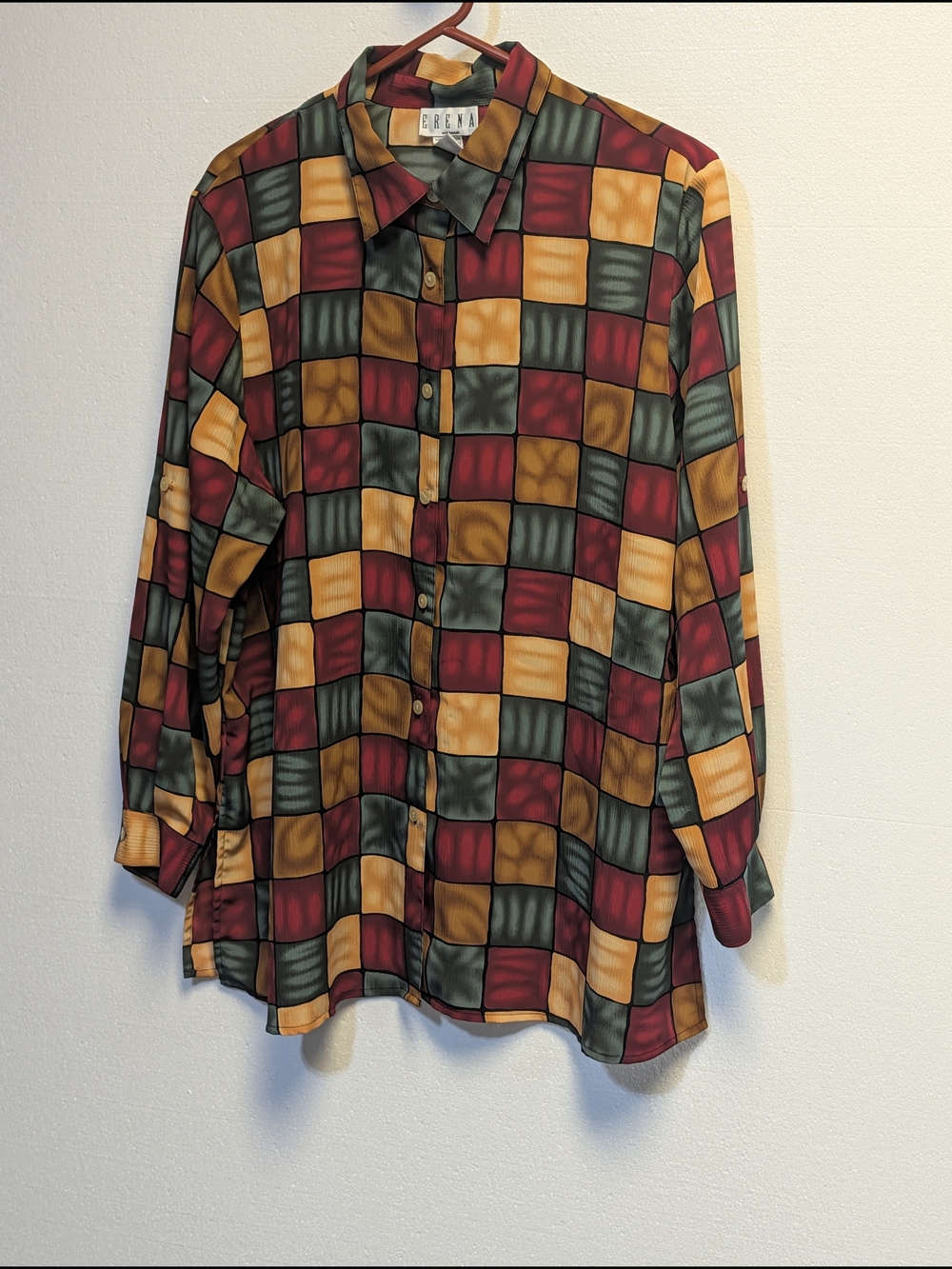Vintage ERENA Women's 2XL Color-Block Geometric Pattern Blouse